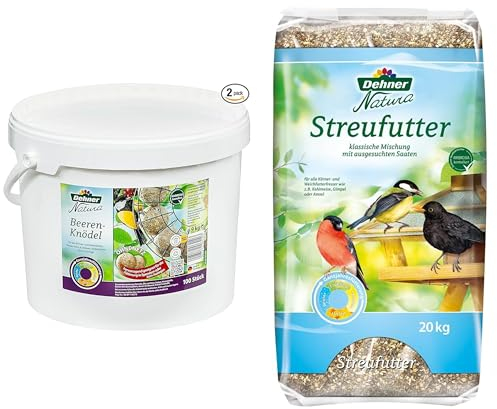 Dehner Natura Wildvogelfutter, Streufutter, 20 kg & Natura Wildvogelfutter, Beeren-Knödel ohne Netz, 100 Stück (10 kg)