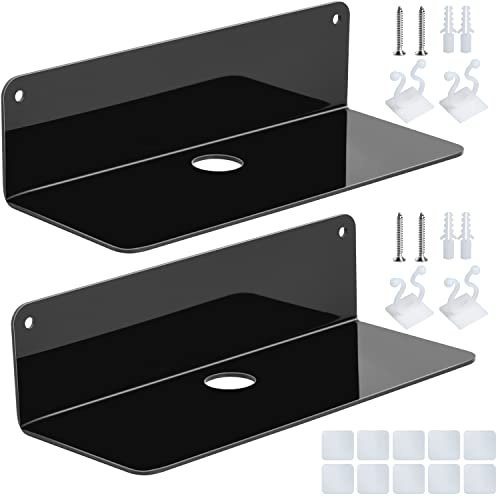 WeeGoo 2 Set Acrylic Small Black Floating Shelf Self Adhesive, 9 Inch No Drill Shelves for Wall, Stick on Shelf Easily Expand Wall Space, Acrylic Shelves with Cable Clips and Stickers