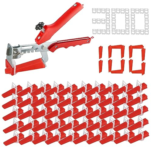 Fliesen Nivelliersystem Kit 2mm Fliesenverlegehilfe Set, mit 300 Zuglaschen + 100 Fliesenkeile + 1 Fliesenzange, für Fliesenhöhe 6-15 mm