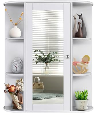 LIFEZEAL Specchio Bagno Contenitore in Legno, 60x17x71cm, Mobile Sospeso Lavabo con HD Specchiera, Mobiletto salvaspazio da Parete con Anta, 6 scomparti aperti e ripiani regolabili, Pensile Bianco