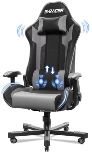 JUMMICO Massage Gaming Stuhl, Bürostuhl Ergonomisch mit Lendenwirbelstütze, Computerstühle Racing Bürostühle Gaming Sessel,Schreibtischstuhl 150kg Belastbarkeit, Grau