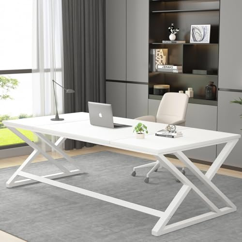 LVB White Long Computer Desk, Modern Large Wood Metal Office Desk, Farmhouse Pc Study Work Writing Desk for Two Person, Rustic Double Workstation Executive Desk for Home Bedroom Living Room, 180cm