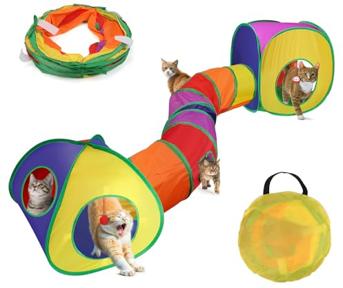 SWAWIS Regenbogen Katzenspielzeug Katzentunnel Set, 3 in 1 Faltbare Katzen Tunnel mit Aufbewahrungstasche, 3 Wege Katzen Spieltunnel Set, Interaktives Katzen Spielzeug für Kätzchen Welpen Kaninchen