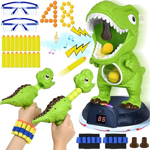 Ulikey Dinosaurie-skjutleksak, skjutleksak för barn, med 2 dinosaurie-luftpumppistoler, rörliga skjutspel LED-räknare, musik, skjutspel med sprayfunktion för pojkar flickor från 5