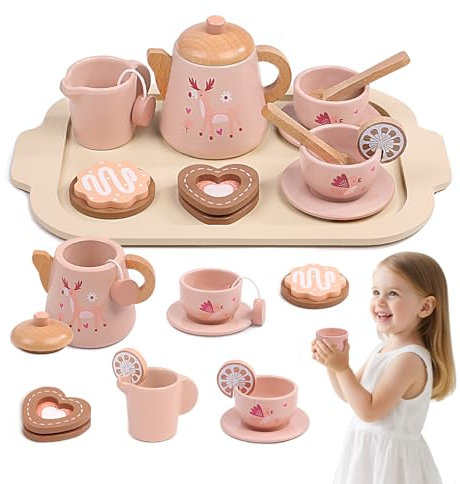 Wooden Tea Set for Toddlers, Kids Wood Pretend Role Play Toys for Girls Baby Boys, Children Tea Party Set Kitchen Accessories Toy Food Dessert Playset with Teapot Cups Saucers for Ages 3+
