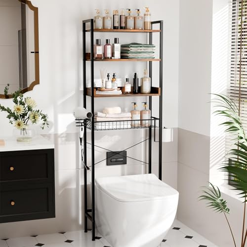LEADZM Toilettenregal 4-stöckig, Verstellbares Multifunktions-Badezimmerregal mit Aufbewahrungskörben – Über-der-Toilette-Regal in Vintage-Brau (Vintage-Braun)