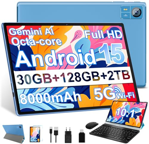 2026 Neuestes Android 15 Tablet 【Gemini AI】【30 GB RAM + 128 GB ROM+2TB】10.1 Zoll, , Widevine L1, Octa Core, 8000 mAh, 8 MP + 5 MP, Bluetooth 5.0, GPS,GMS,Tablet mit Maus, Tastatur und Schutzhülle-Blau