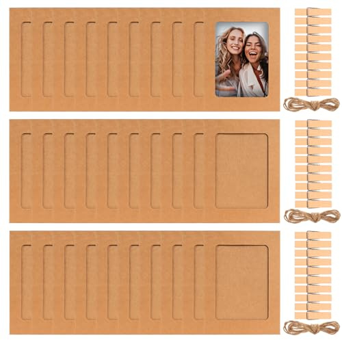 Brown Paper Photo Frames, 30 PcsPhoto Pegs and String Set, Photo Banner Paper Picture Frames for Uni Room Decor Aesthetic Bedroom Home Wall Classroom Decorations, String with Pegs for Photos