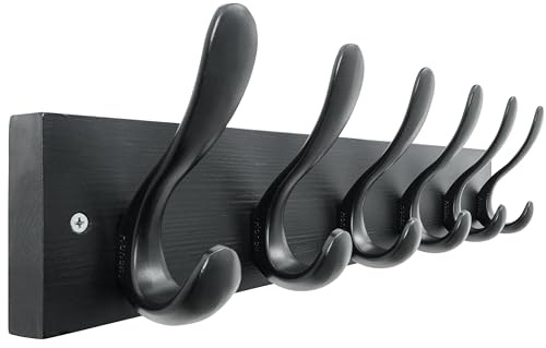 HONSKY Wall Coat Rack, 43cm Wooden Coat Hanger with 6 Double Hooks,Wall Coat Hook,Towel Rack Hanging Coat,Towel,Bag for Entryway, Hallway, Bedroom, Living Room,Black Base/Black Hook