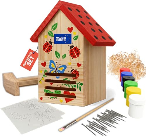 Eli® Kit de construction de maison de coccinelle pour enfants en bois de pin à peindre – Avec 6 couleurs – Pinceau – Marteau – Clous – Pochoirs et modèles et matériau de remplissage – Hôtel à insectes