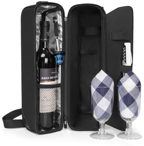 ALLCAMP Wine Bag - Insulated Cooler Bag with Wine Glasses, Bottle Opener & Wine Accessories for Wine Lovers - Portable Wine Gift Bag for Travel, Picnics, and Gift Ideas(Black)