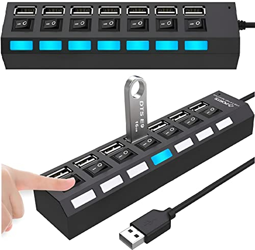 Retoo Hub USB 2.0 7 Port Adapter mit Power Schalter und LED Datenhub Aktiv mit EIN/Aus-Schalter fur PC Laptop Powerbank USB Mehrfach Ports Verteiler mit Langes Kabel Multiport