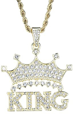 VVCome King Letters Initial Crown Necklace Hip Hop Iced Out King Crystal Crown Pendant Stainless Steel 24inch Rope Chain (Gold)