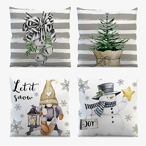 AIBIIN Weihnachten Dekorative Kissenbezüge 45 x 45 cm Set von 4 Winter Schneemann Schneeflocken Grün Pflanzen Glocke Grau Wurfkissenbezüge für Sofa Couch Zuhause Schlafzimmer