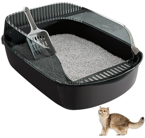 Bandejas de arena para gatos, caja de arena para gatos de 12 litros con cucharada y valla anti-salpicadura, inodoro semicloseado, bandeja de arena para gatos resistente a la mancha de doble capa