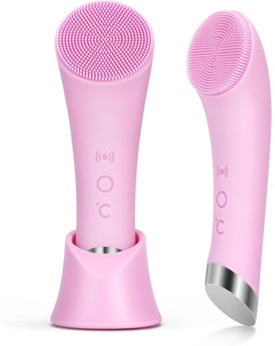 Facial Cleansing Brush, PRITECH Heatable Vibrating Face Scrubber with Massage, Silicone Face Scrubber for Women & Men, Electric Facial Cleanser for Deep Cleansing, Gentle Exfoliating (Pink)