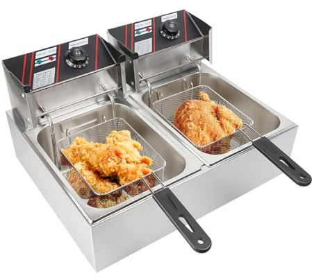 Elektrisk dubbel fritös, 2 x 6 liter av rostfritt stål - 5 kW snabbuppvärmning för kommersiellt bruk