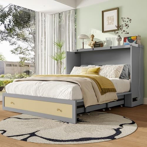 Idemon Letto da 140 x 200 cm con spazio di archiviazione e carica USB, letto a parete convertibile con vassoi, cassetti, prese di corrente, design salvaspazio, (materasso non incluso) (grigio)