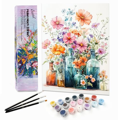 Bougimal peinture par numéro adulte paysages avec pinceaux et acryliques bricolage peintures kits, pour la décoration intérieure maison, Fleurs colorées 59, 28x35cm (sans cadre)