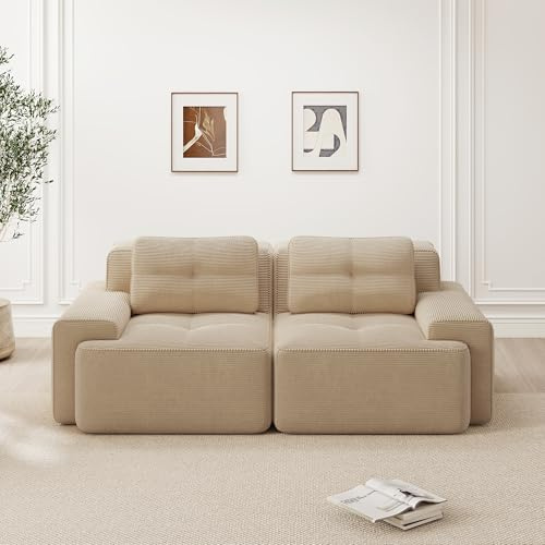 Yihomfy Canapé 2 Places Modulaire Désossé, Loveseat Small Canapé avec 2 Coussins, Confortable Velours Côtelé Cloud Canapé de Salon, sans Montage (Beige, 2 Sièges)