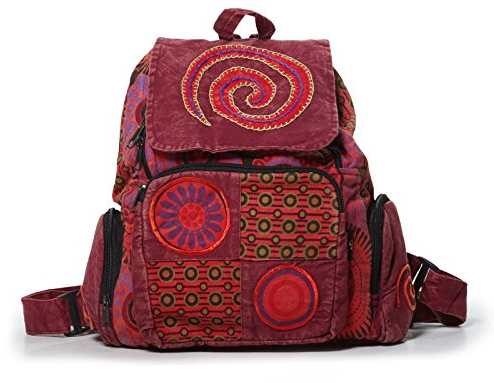 Kunst und Magie Bunter Hippie Rucksack 'Spirale' Stonewashed Nepal Fair, Farbe:Rot