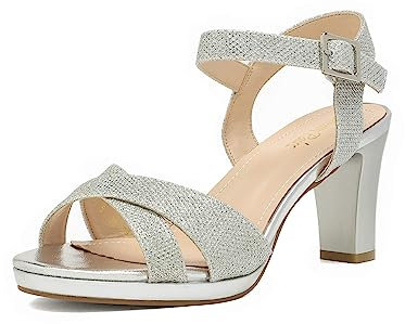 DREAM PAIRS Sandalias de tacón grueso para mujer, puntera abierta, correa al tobillo, tacones brillantes, plateado (Silver/Glitter), 39.5 EU