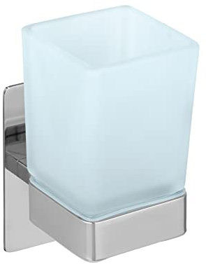 WENKO Turbo-Loc Zahnputzbecher Genova Shine, Wandhalter mit Becher zum Befestigen ohne Bohren mit Klebepad-System, Halter aus Edelstahl, Becher aus satiniertem Glas, 6,2 x 13,2 x 9 cm, Glänzend
