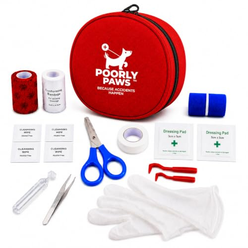 Dåligt tassar hund första hjälpen-kit | 17 viktiga artiklar med veterinärsjuksköterska instruktionsvideor | Superkompakt och lätt 10 cm x 10 cm | Multiprisbelönt kit | Gratis 24/7 Veterinärsupport via