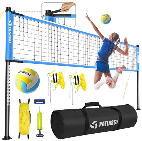 Patiassy Volleyballnetz Garten Outdoor Mobiles Set Mit Stangen, Höhenverstellbar Volleyball Netz, PU Volleyball, Handpume, Grenzlinie, Tragetasche für Rasen Standardgröße 9,5m* 1m (Blau)