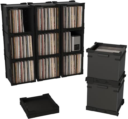 HumminGuru FlexiCube – Boîte de Rangement Empilable pour Disques Vinyles de 30,5 cm, Peut Contenir 70 Disques Vinyles | Étagère Modulaire en Vinyle et Caisse de Rangement Pliable (3 Cubes)