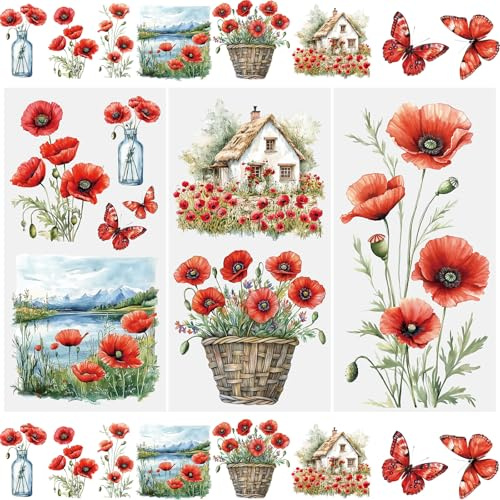 WANDIC 3 Sheets Rub on Transfer Stickers, Red Poppy Flower Design Decals Waterproof Stickers for Albums Furniture Windows, 15 x 30cm