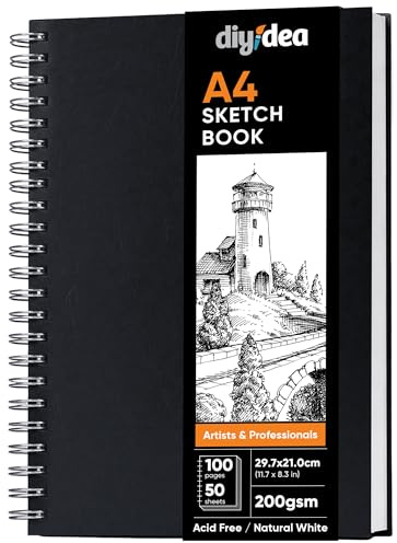 DIYIDEA Album da Disegno A4 200 g/m² – 100 Pagine, Spirale con Copertina Rigida – Blocco Disegno per Matita, Carboncino, Grafite e Pastello – Per Principianti e Professionisti