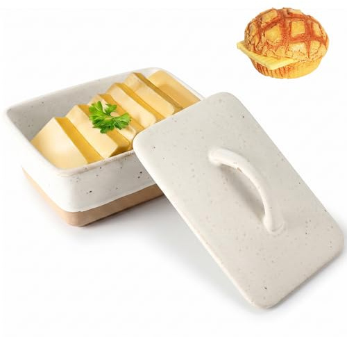 Freyeeti Beurrier en céramique avec couvercle 450 ml, 14.5x10x6.5cm, blanc | porcelaine, cloche à beurre, pour Placer du Beurre du Fromage Fruit Salade, Rangement et conservation de la fraîcheur