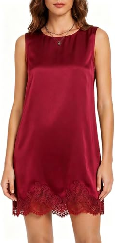 Xiaoliny Robe Femme Été Mini Robes en Satin avec Insert Dentelle Col Rond sans Manches Sexy Robe Courte Chic et Elegant Casual Robes Shift Ample Raffiné Rétro Dresses pour Soirées Cocktails Clubwear