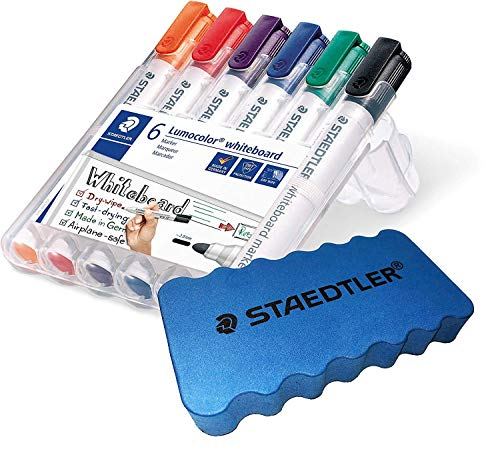 Staedtler Lumocolor 351 WP6 Whiteboard-Marker, Rundspitze ca. 2 mm Linienbreite, Set mit 6 Farben (1 Etui + Whiteboardschwamm)