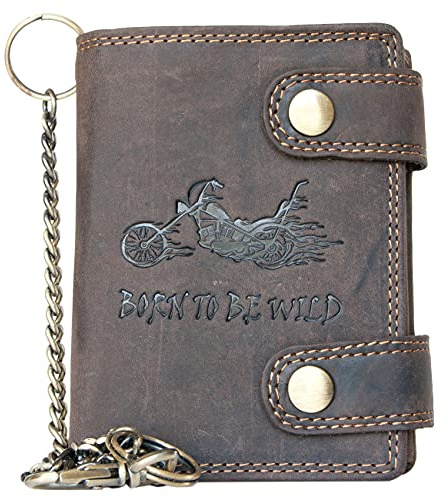 Billetera marrón Born to be wild Estilo Motero de Cuero con Cadena de Metal con Moto