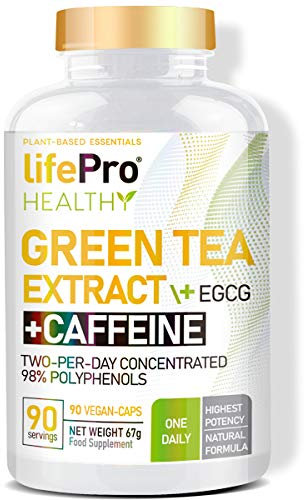 Life Pro Green Tea + EGCG + Caffeine 90 Vcaps | Té Verde Vegano con Cafeína, EGCG y un 98% de Polifenoles | Antioxidante que ayuda al sistema inmunológico