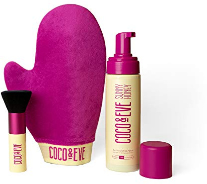 Kit de bronzage Sunny Honey Bali de Coco & Eve (moyen). Mousse de bronzage sans soleil entièrement naturelle. Lotion autobronzante instantanée avec bronzeur, gant applicateur et pinceau kabuki.