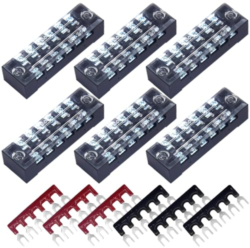 CEEYSEE Schraubklemmenleiste, 6 Stück 6 Positionen zweireihig abgedeckte Schraubklemme 600V 15A + 6 Stück 6 Positionen vorisoliert schwarz/rot Gabelklemmleiste 400V 15A (DTB1506)