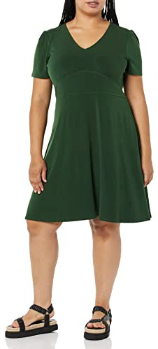 Amazon Essentials Vestido Acampanado Fruncido con Cuello en Pico y Manga Corta Mujer, Verde Oscuro, M