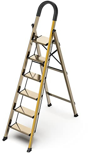 GameGem Lightweight Aluminum 6 Step Ladder for 12 Feet High Ceiling, Folding Step Stool Stepladders with Anti-Slip and Wide Pedal for Home and Kitchen Use Space Saving (Brown Gold)