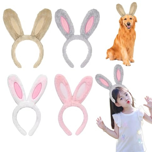 JMOCD 4 Pièces Oreilles de Lapin Bandeau,Bandeau Oreilles de Lapin en Peluche, Lapin Oreille Serre-Tête, Pâques Lapin Deguisement Costume Accessoire pour Enfants et Adultes, Décoration de Costume