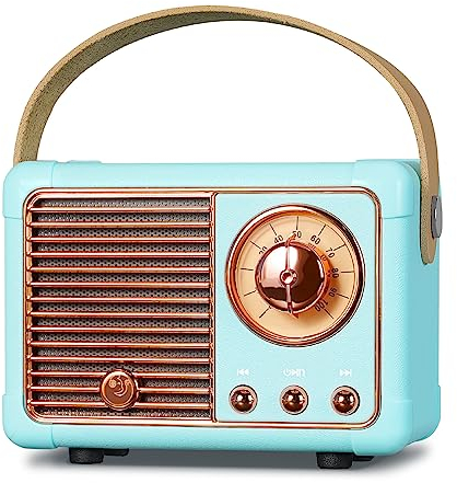PRUNUS J-999 Mini haut-parleur Bluetooth rétro avec radio FM, rechargeable, Bluetooth 5.0/son supérieur, USB/TF/AUX/appels mains libres (bleu)