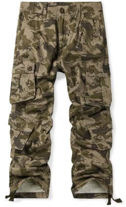 Aeslech Mens Camo Cargo Work Combat Trousers Army Military Camouflage Trousers with 8 Pockets Camo Wave 42