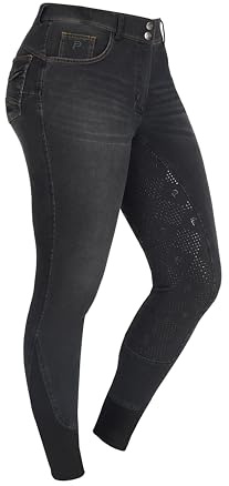 Preto Pantaloni da equitazione da donna in denim di alta qualità, con seduta completa, impugnatura in silicone, morbidi ed elastici, pantaloni da equitazione con tasche