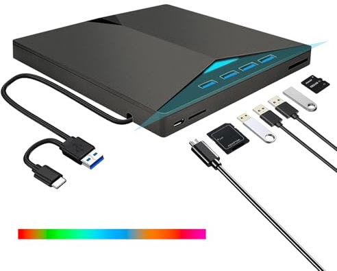 External CD DVD Drive,USB 3.0 Type-C Portable CD/DVD Disk Drive Player Burner Reader Writer with 4 USB Ports & SD/TF, Slim Optical Drive DVD for Desktop PC Windows 11/10/8/7/XP Macbook Mac Linux OS