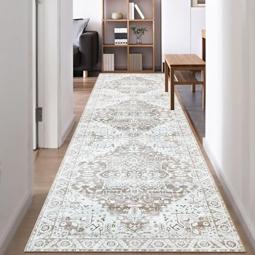 Famibay Alfombra Pasillo Larga 80x300cm Alfombra de Pasillo Lavable Antideslizante Marrón Beige Alfombra Cocina Vintage para Pasillo Cocina Lavadero Entrada