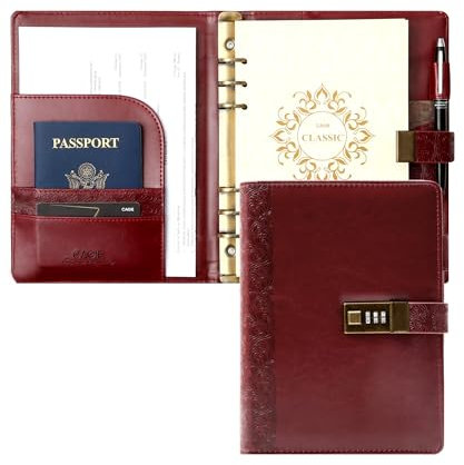 CAGIE Leder Tagebuch mit Schloss, A5 Ringbuch Large Tagebuch für Erwachsene mit Zahlenschloss Nachfüllbare Innenseiten Geprägtes Loses Blatt Diary, 17,8 x 22,9 cm, Rot