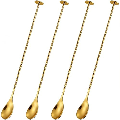 FUNSUEI 4 PCS 27.5cm Long Gold Handle Bar Spoon, Gold Stainless Steel Cocktail Stirrers with Spiral Pattern, Cocktail Spoons for Cocktails, Juices, Cold Drinks
