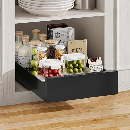 Warmiehomy Cajón telescópico para cocina, ancho de 25 cm, organizador de armario extensible para armarios de cocina, aparadores, baño, compartimento deslizante negro, sin agujeros, 25 x 43 x 8 cm